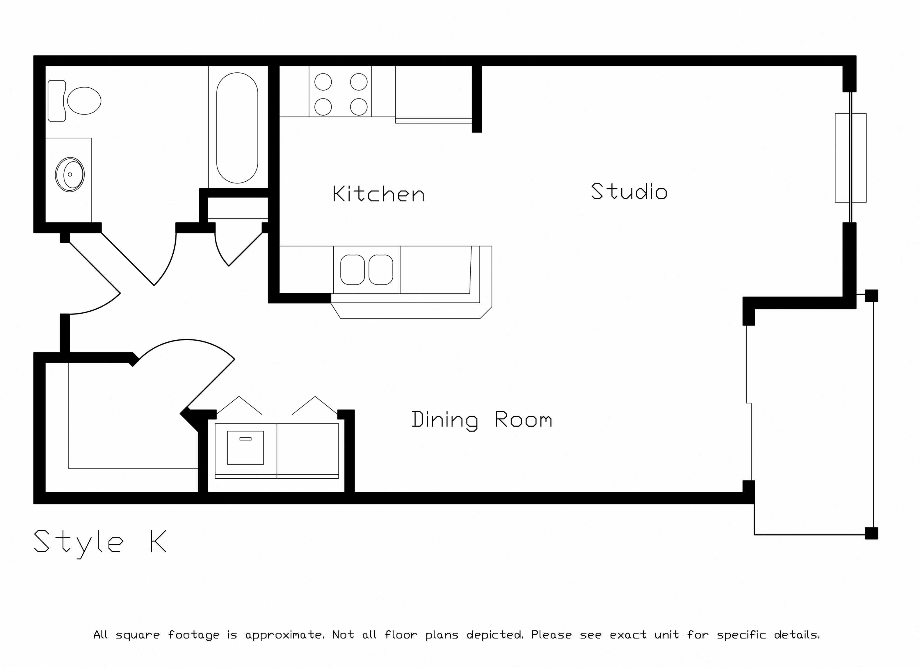 Floor plan for studio, 1 bath, 557 sqft